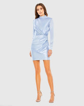 Blue Mock Neck Draped Long Sleeve Mini Dress