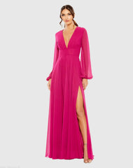 Purple V-Neck Illusion Long Sleeve Chiffon Gown