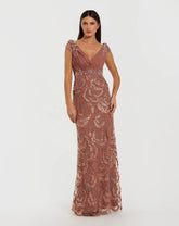 Pink Floral Beaded Chiffon V-Neck Evening Gown