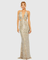 Silver and Beige Cut Out Halter Tie Back Sequin Gown