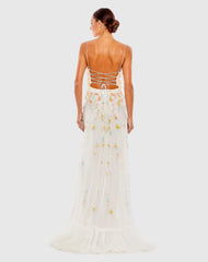 White Beaded 3D Flower Cami Ruffled High Low Lace Up Gown