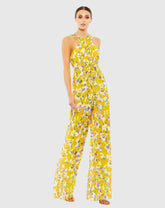 Yellow Crossed Halter Tie Waist Jumpsuit