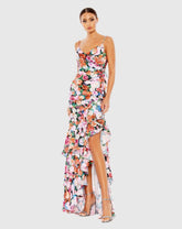 Multicolor Floral Print Asymmetrical Ruffle Hem Gown