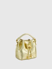 Crinkle Metallic Gold Leather Mini Bucket Bag with Detachable Strap