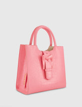 Pink Buckled Medium Croco Leather Tote Bag with Detachable Strap