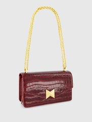 Red Crocodile Leather Shoulder Bag With Gold Hardware