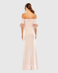 Pink Feather Trim Off The Shoulder Column Gown