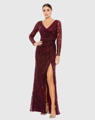 Red Long Sleeve Ruched Sequined V-Neck Gown