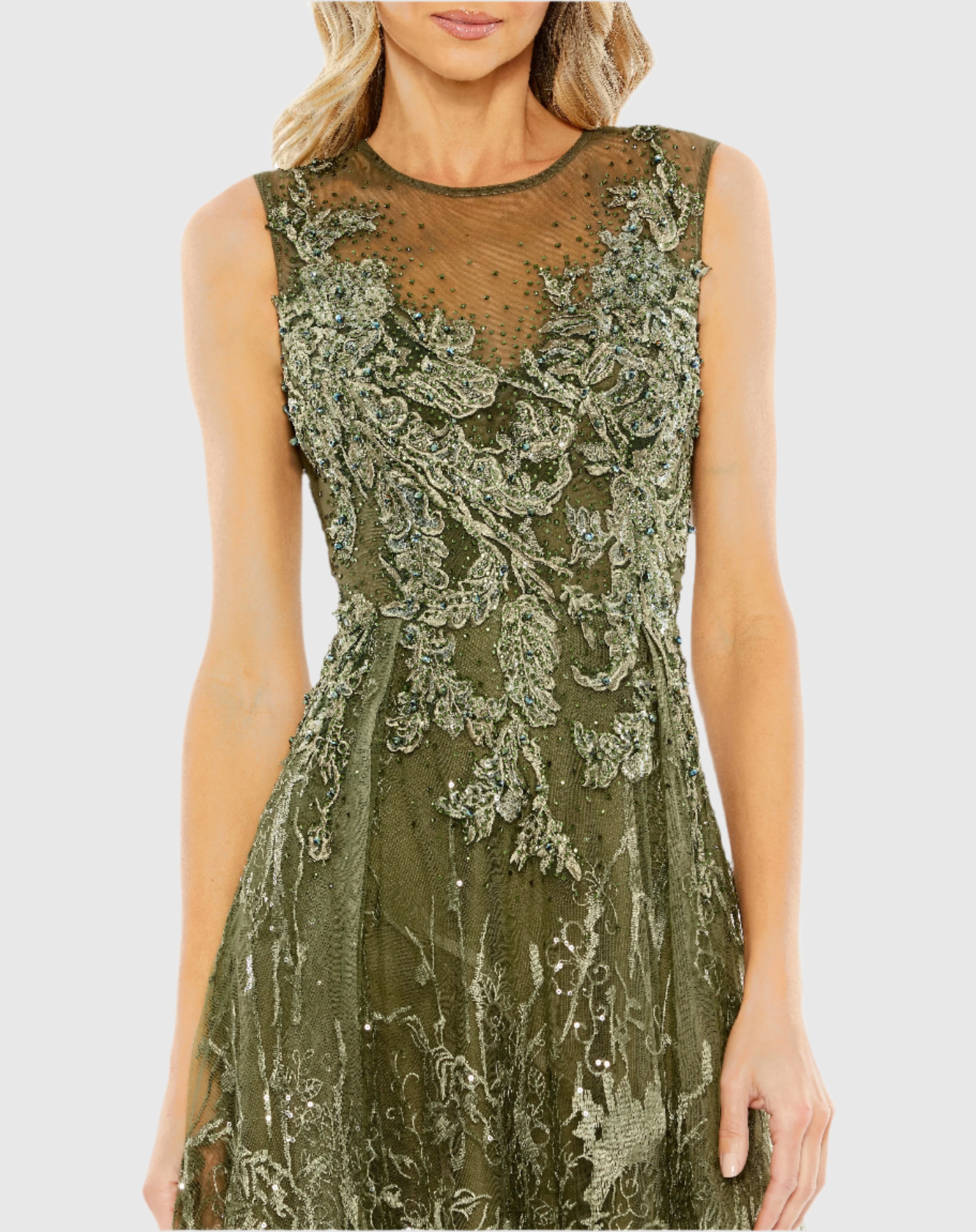 Green Embellished Embroidered Sleeveless A Line Gown
