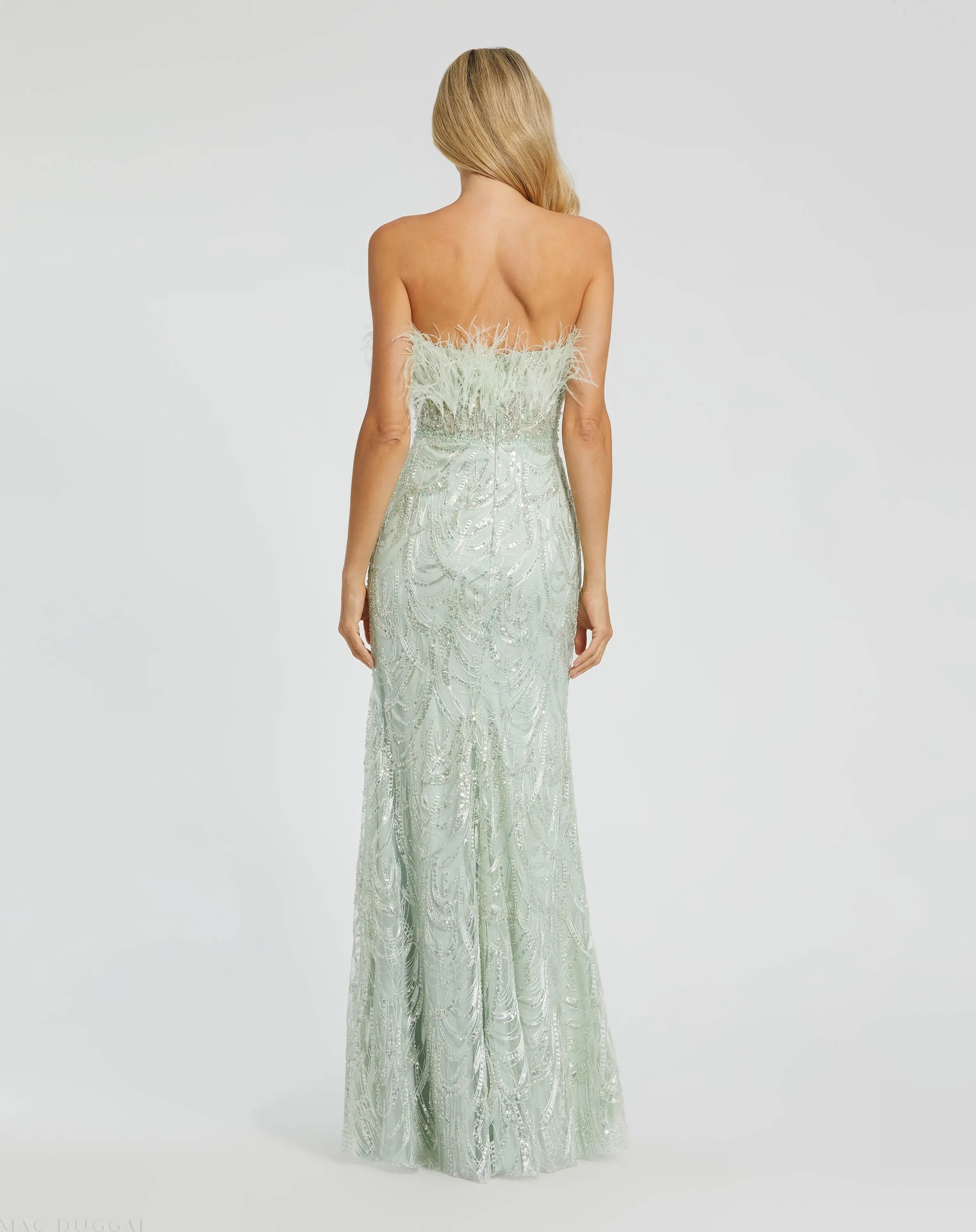 Green Strapless Feather Bustier Gown with Embroidery