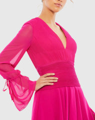 Pink Pleated Bell Sleeve Chiffon Mini Dress