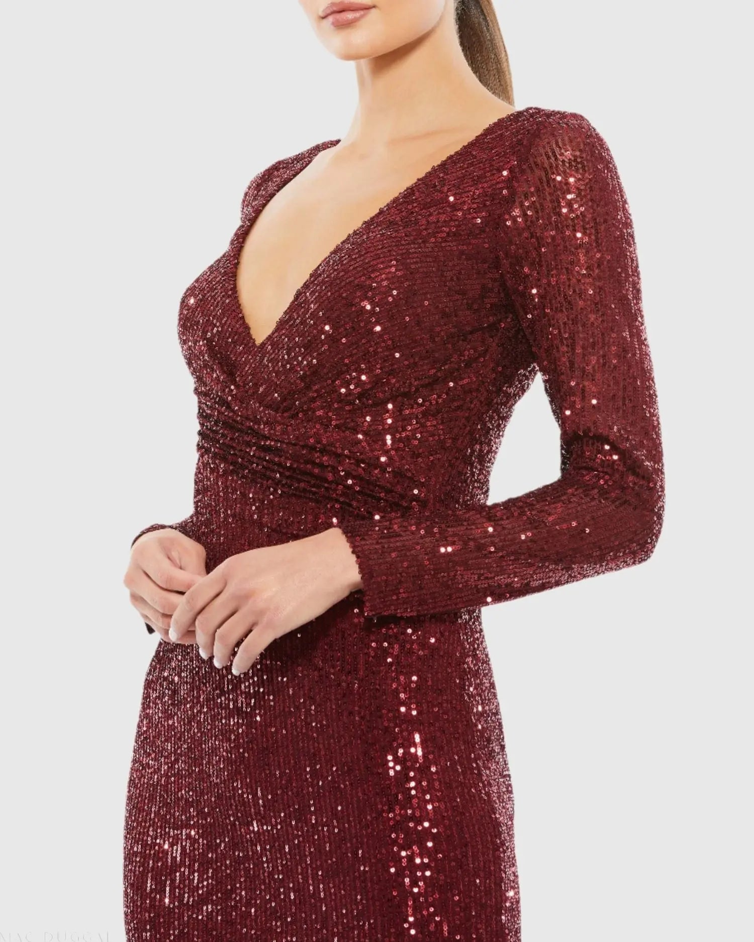 Red Sequined Faux Wrap Long Sleeve Column Gown