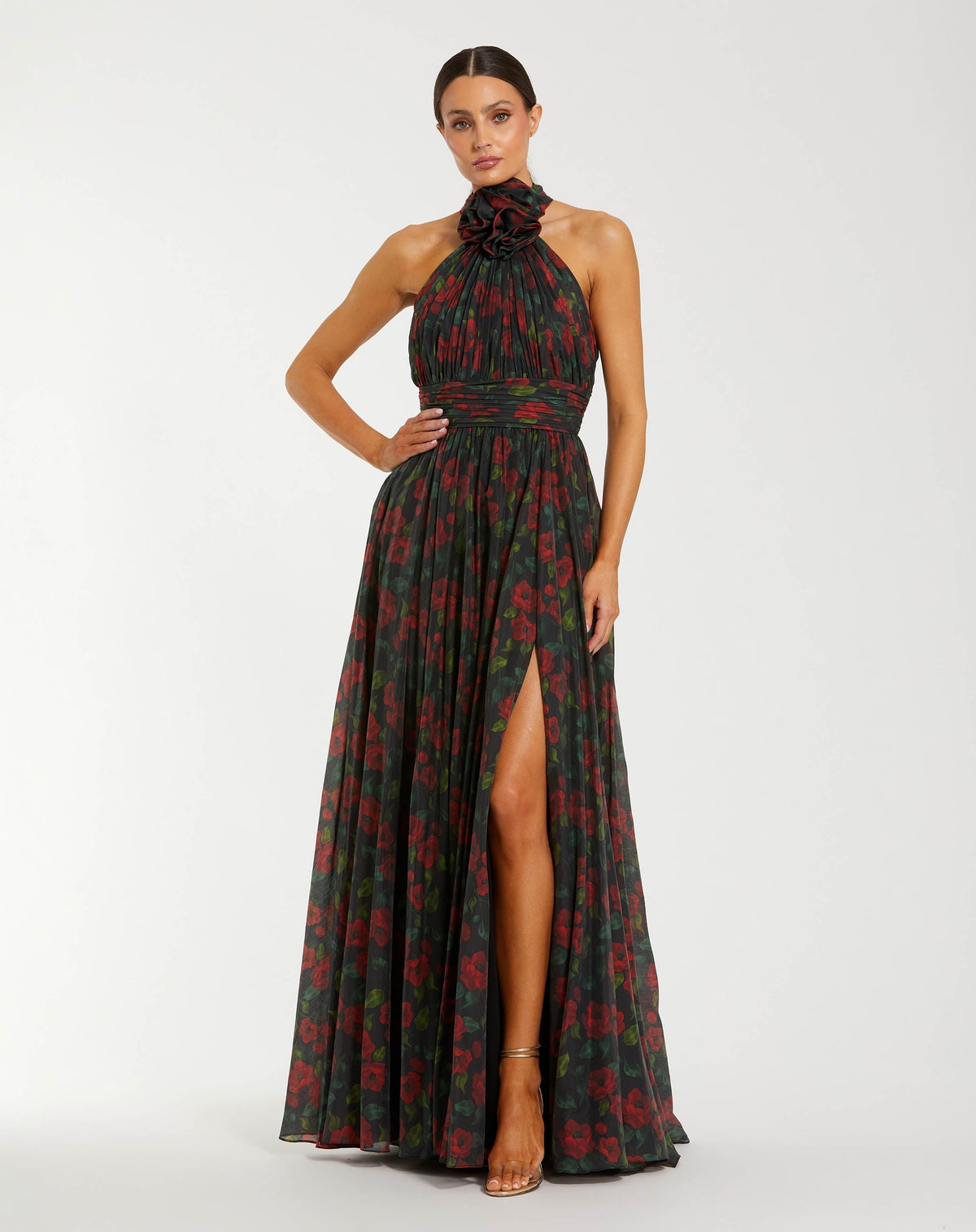 Black Floral Print Halter Neck Gown with Rosette Detail
