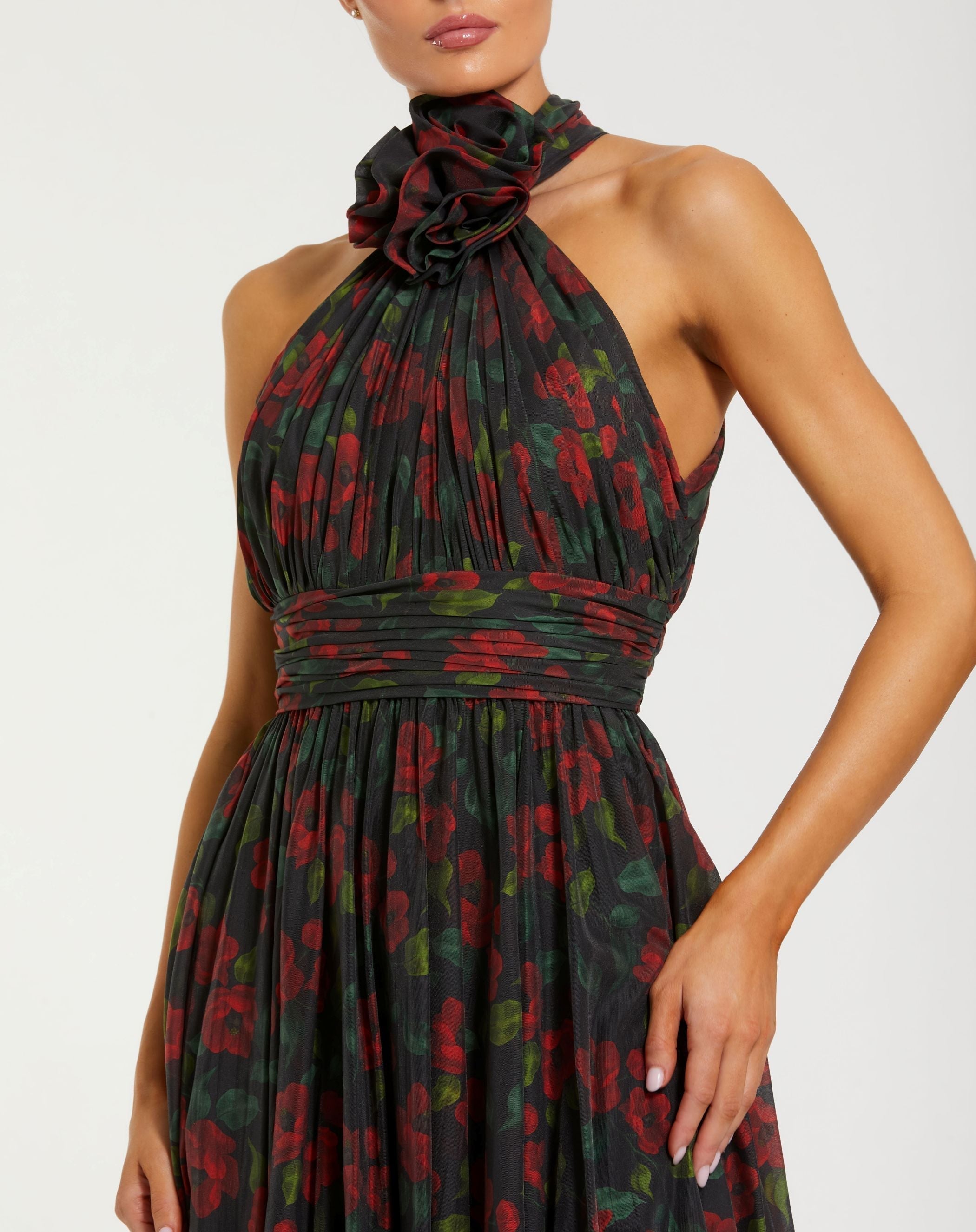 Black Floral Print Halter Neck Gown with Rosette Detail