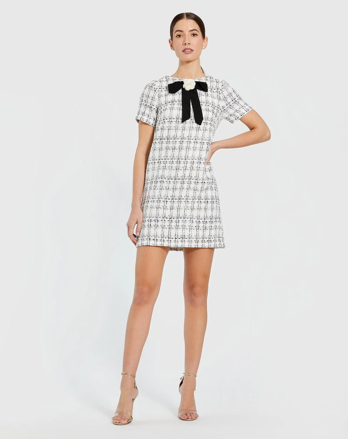 White Short Sleeve High Neck Boucle Mini Dress With Bow