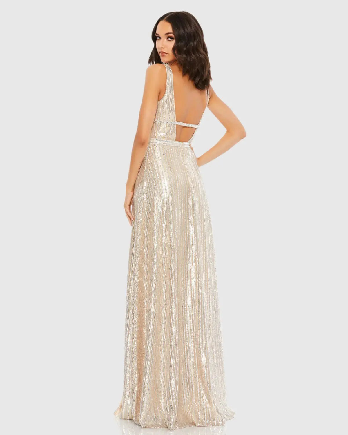 Silver Metallic Plunge Neck Sequined Gown