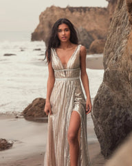 Silver Metallic Plunge Neck Sequined Gown