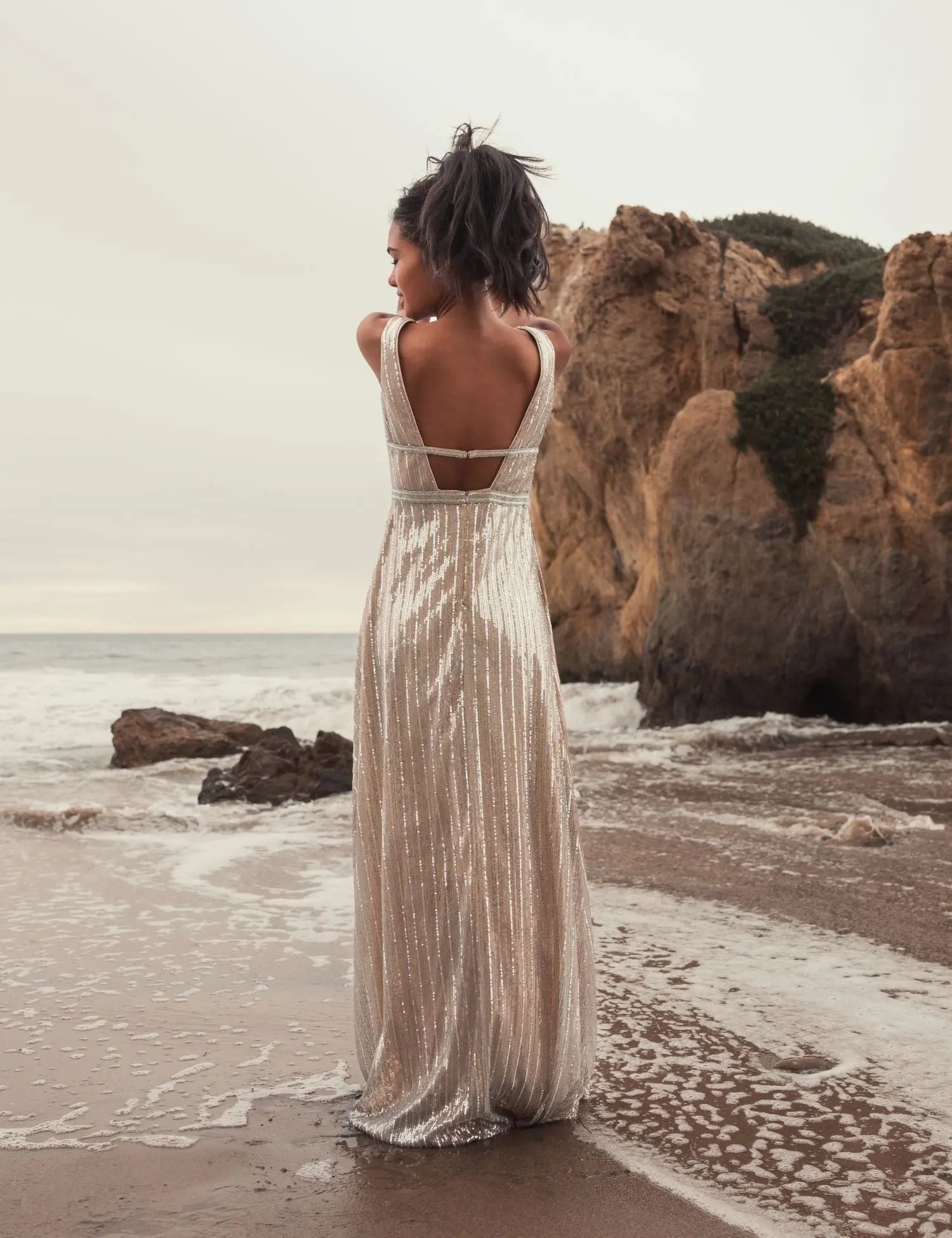 Silver Metallic Plunge Neck Sequined Gown