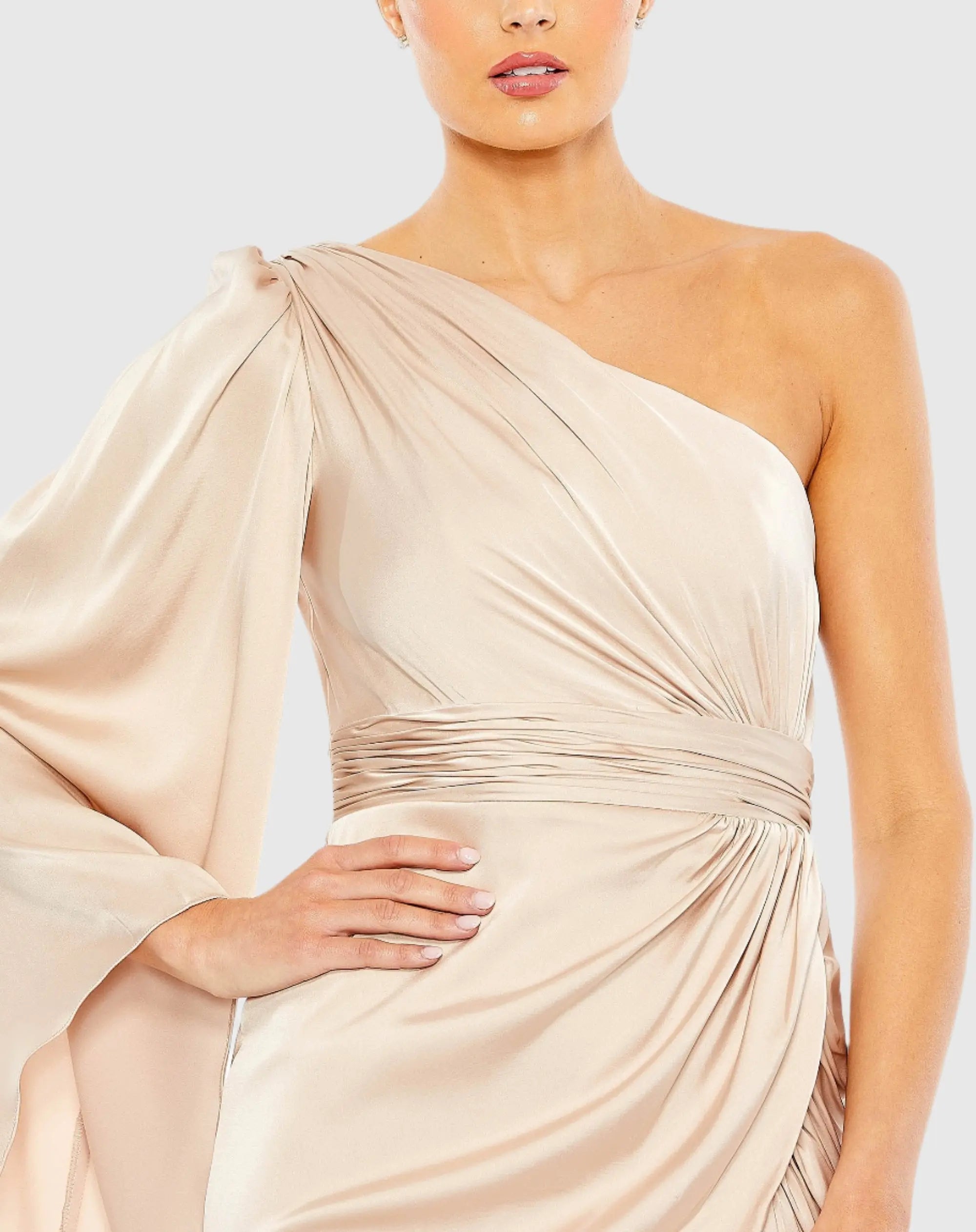 Beige One Shoulder Long Sleeve Draped Dress