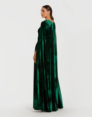 Dark Green Velvet Cape Gown With Embellished Neckline