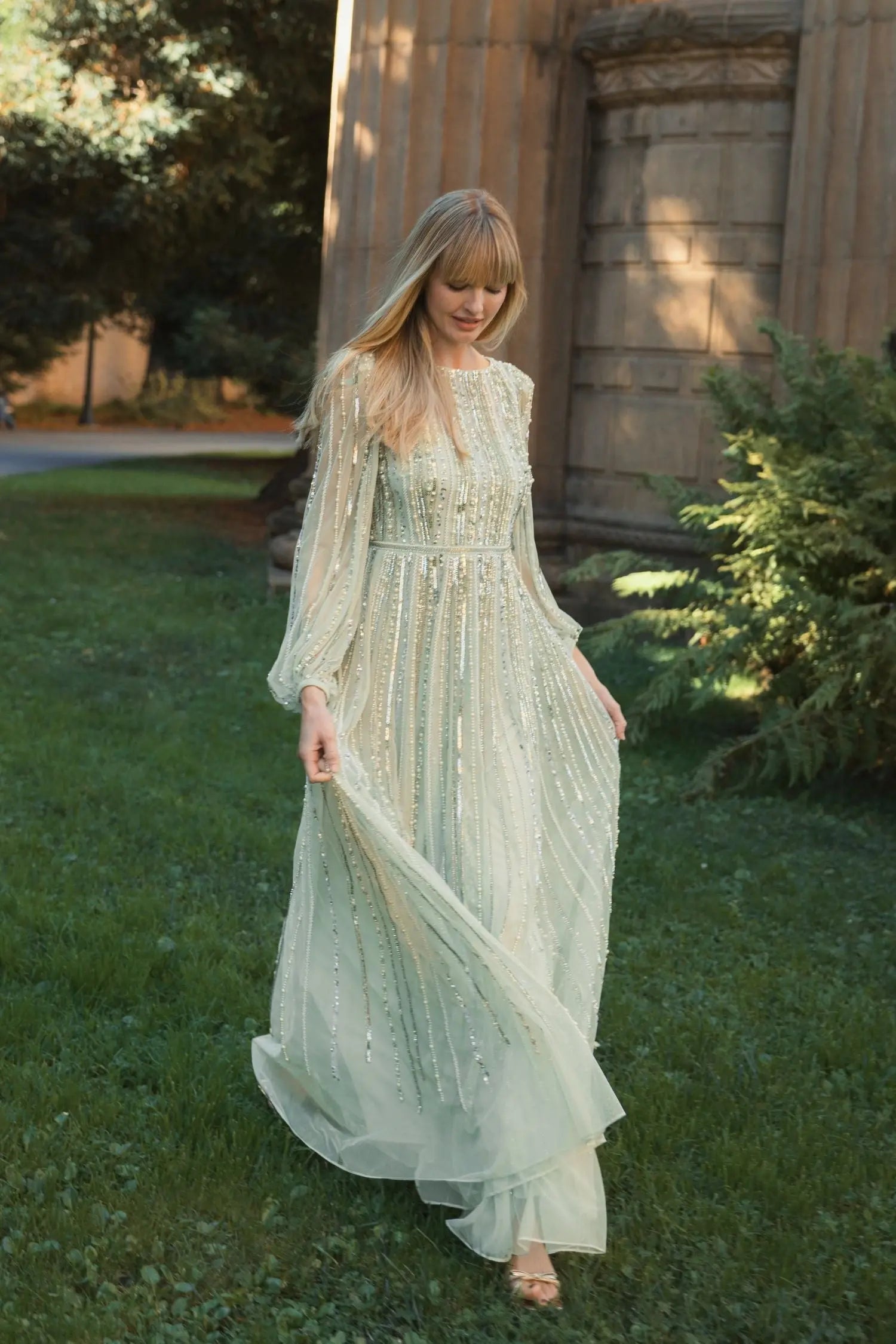 Green Boat Neck Long Sleeve Beaded Gown