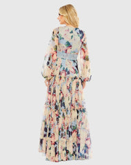 Multicolor Floral Puff Sleeve Dress With Embroidered Waist