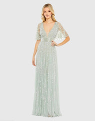 Green Embellished V-neck Empire Waist Gown