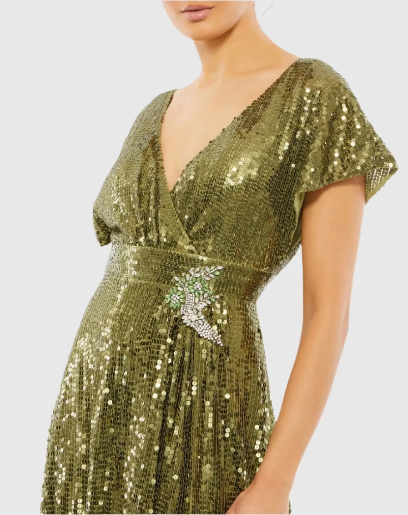 Green Sequined Butterfly Sleeve Wrap Over A Line Gown