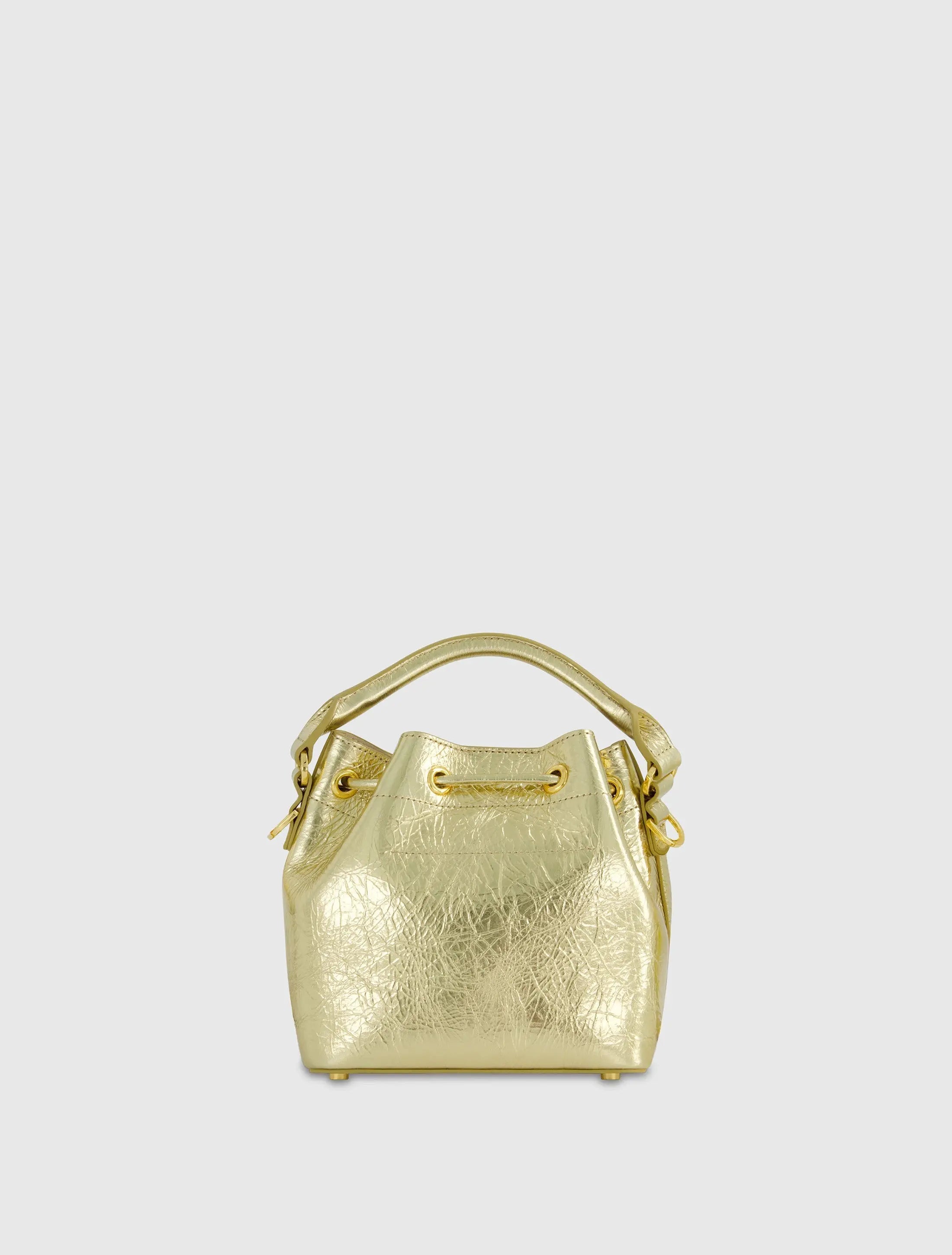 Crinkle Metallic Gold Leather Mini Bucket Bag with Detachable Strap