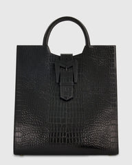 Black Buckled Maxi Croco Leather Tote Bag
