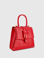 Red Buckled Medium Croco Leather Handbag with Detachable Strap