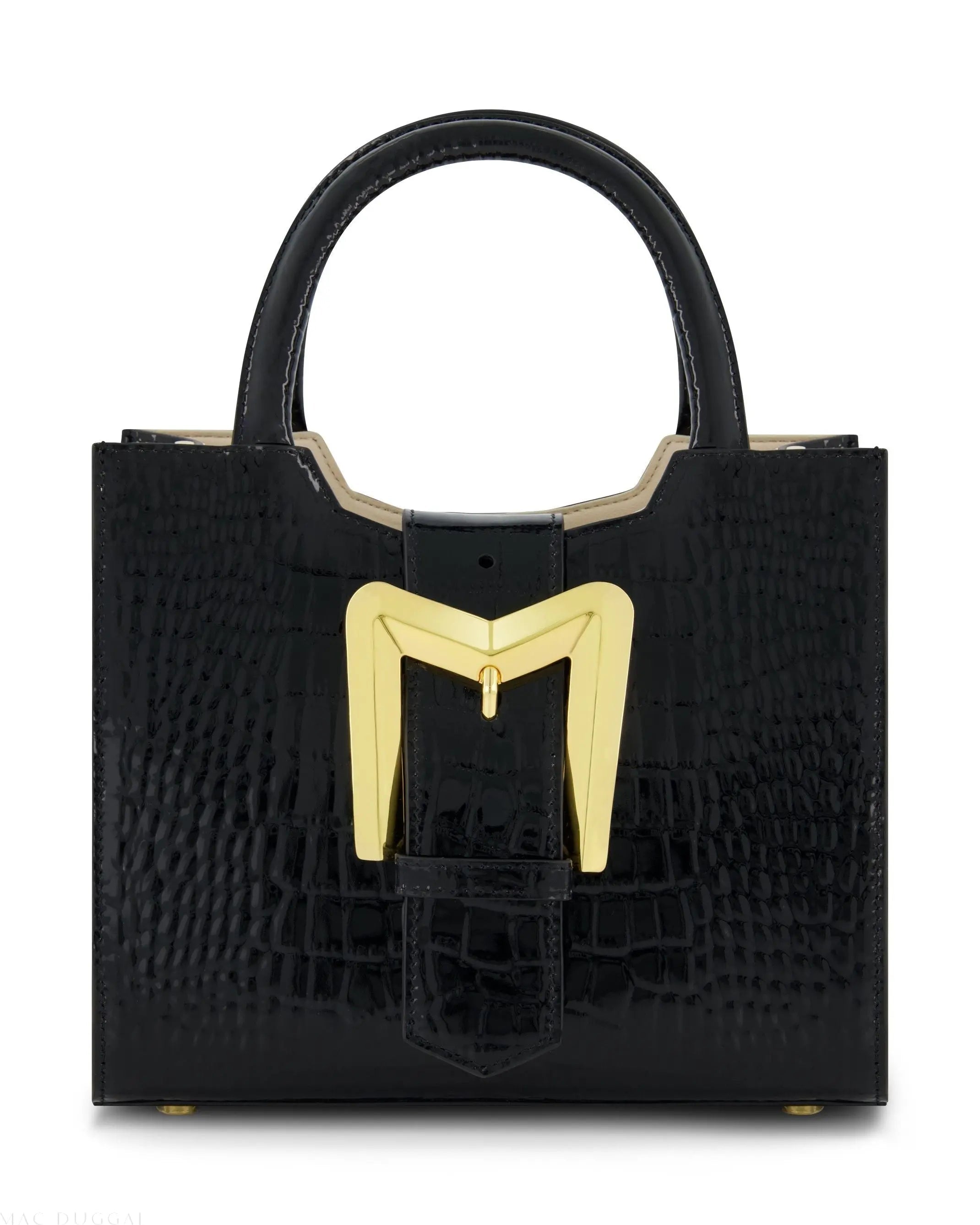 Black Crocodile Leather Tote Bag With Gold Buckle