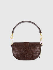 Brown Crocodile Leather Saddle Bag With Gold Hardware