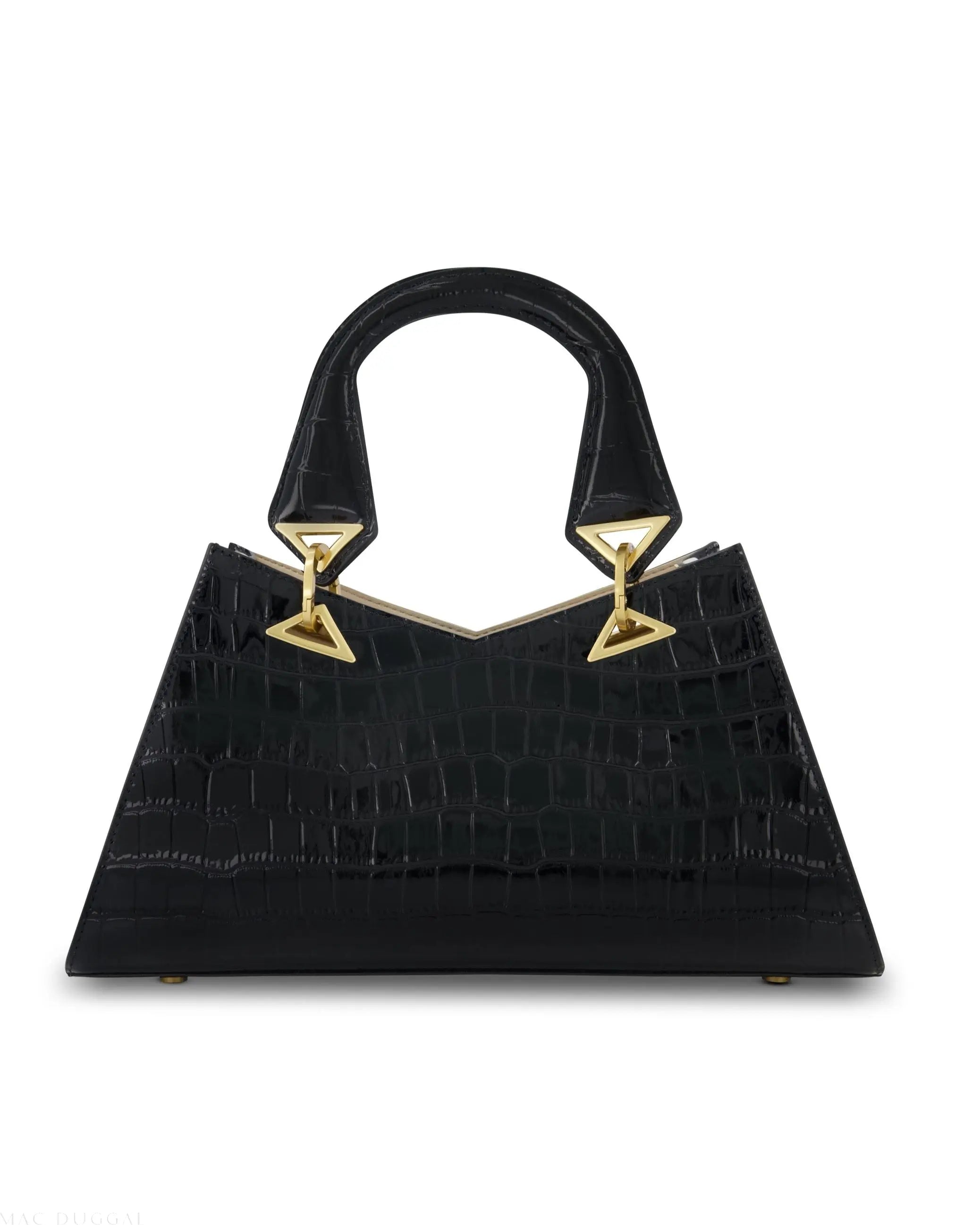 Black Crocodile Leather Handbag With Gold Hardware