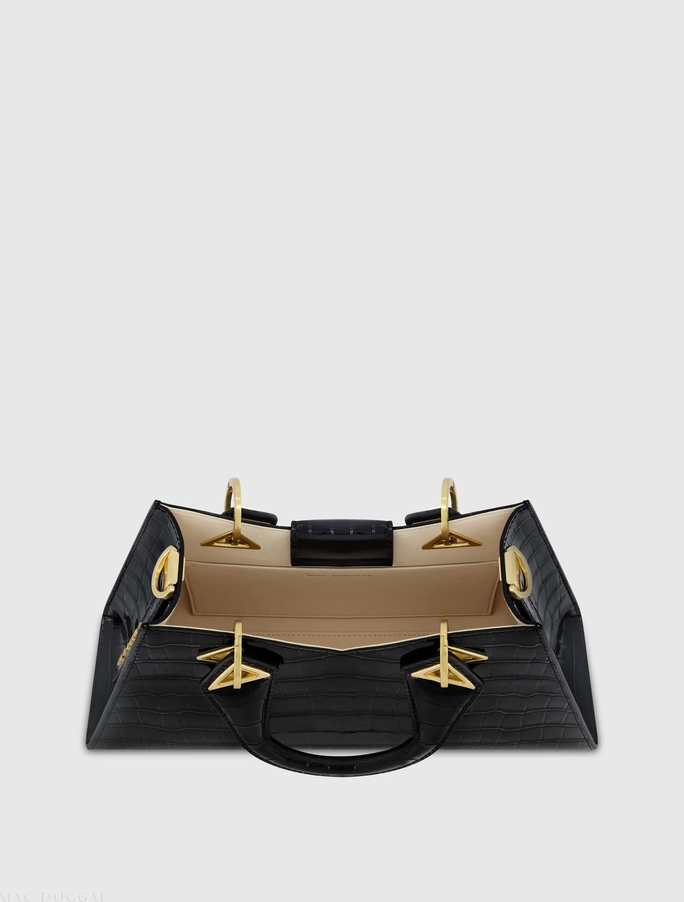 Black Crocodile Leather Handbag With Gold Hardware