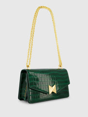 Green Crocodile Leather Shoulder Bag With Gold Hardware