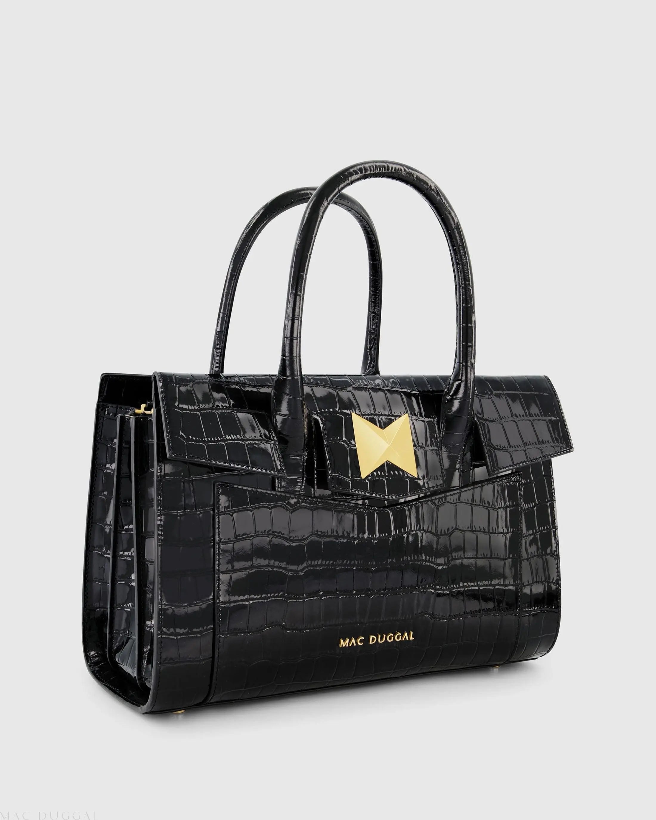 Black Crocodile Leather Tote Bag With Gold Hardware